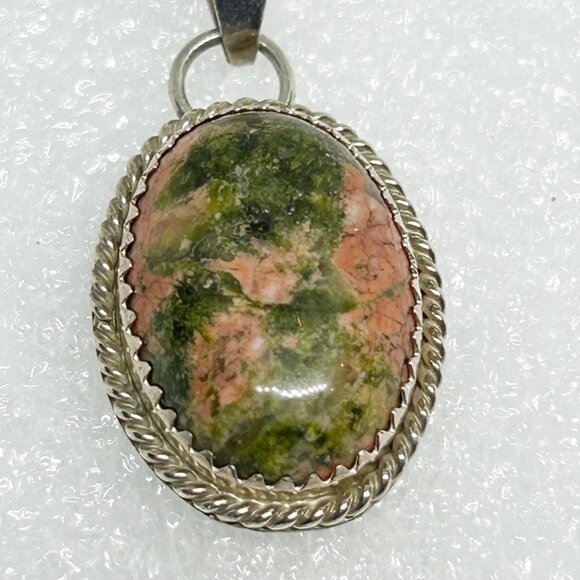 Handcrafted Sterling Silver 925 Oval Pendant Unakite Stone Green & Pink MKM - Picture 3 of 7